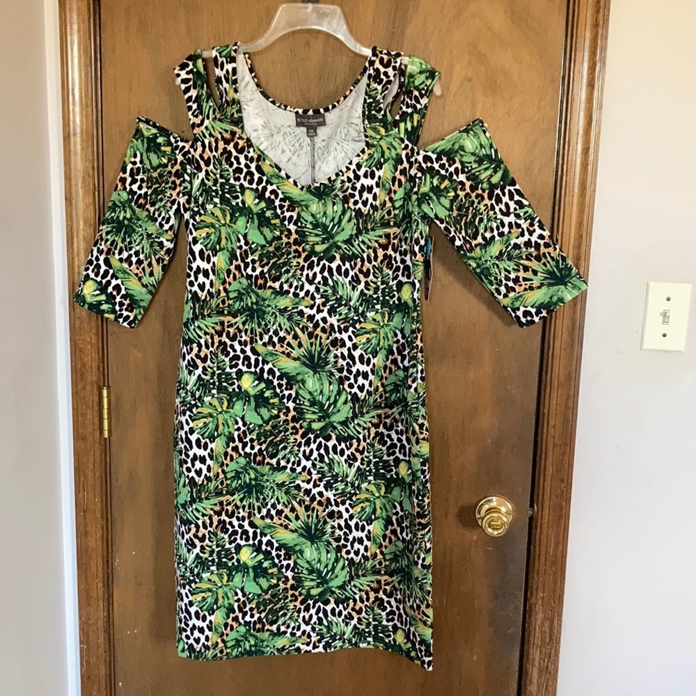 Bold Elements Cheetah tropical shoulder cut outs dress w stretch XXL - Picture 1 of 16